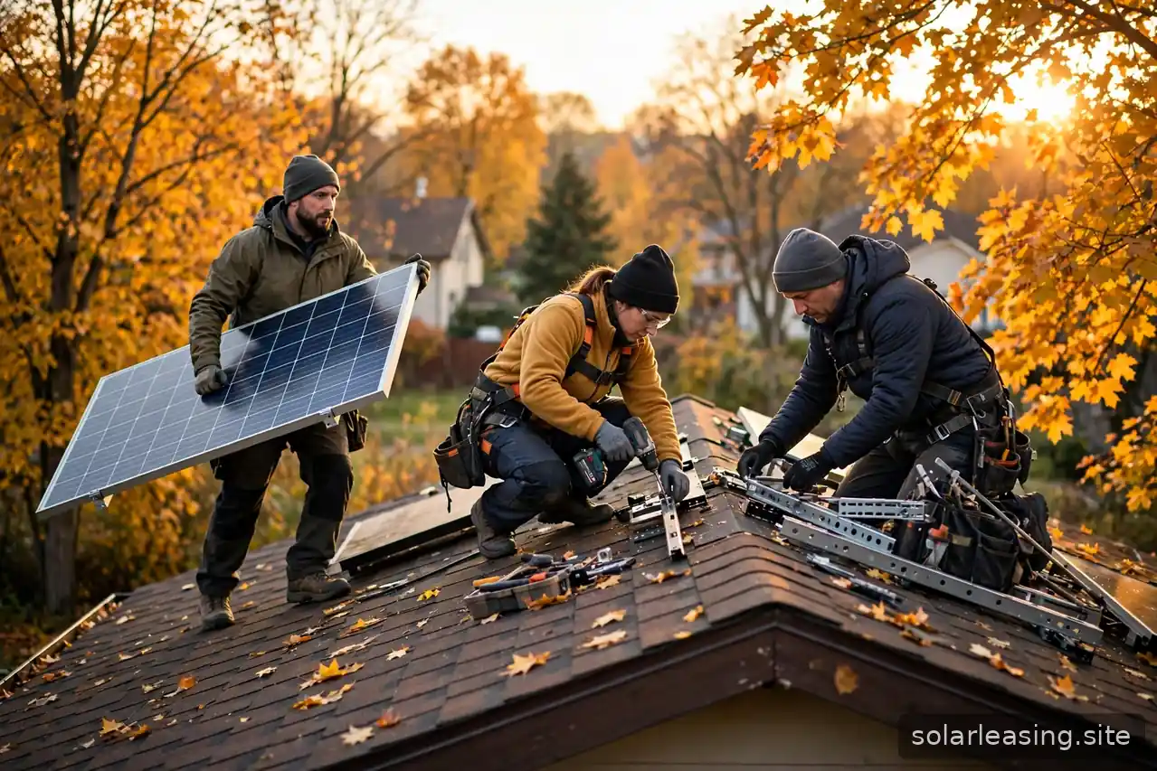 Monteur installiert Solarmodule auf einem Dach im Herbst bei goldenem Licht
