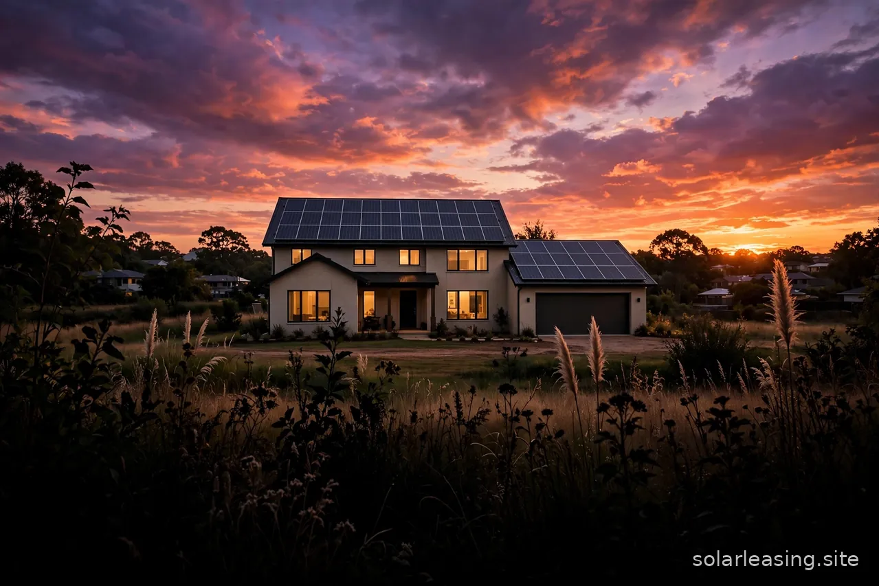Solaranlage auf einem Hausdach im Herbst mit buntem Laub in der Umgebung