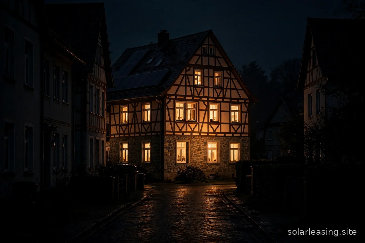 Haus bei Nacht mit beleuchteten Fenstern während eines Stromausfalls in der Nachbarschaft