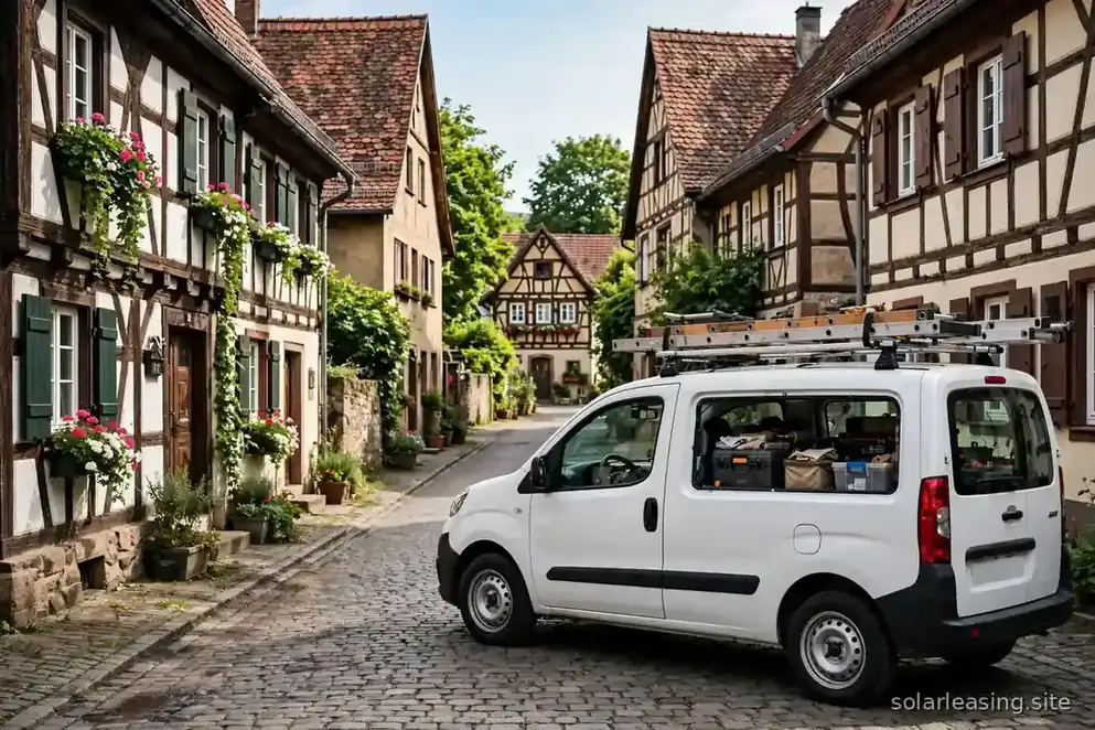 Beratungsgespräch zu Solar-Leasing bei einem Haus mit Photovoltaikanlage auf dem Dach